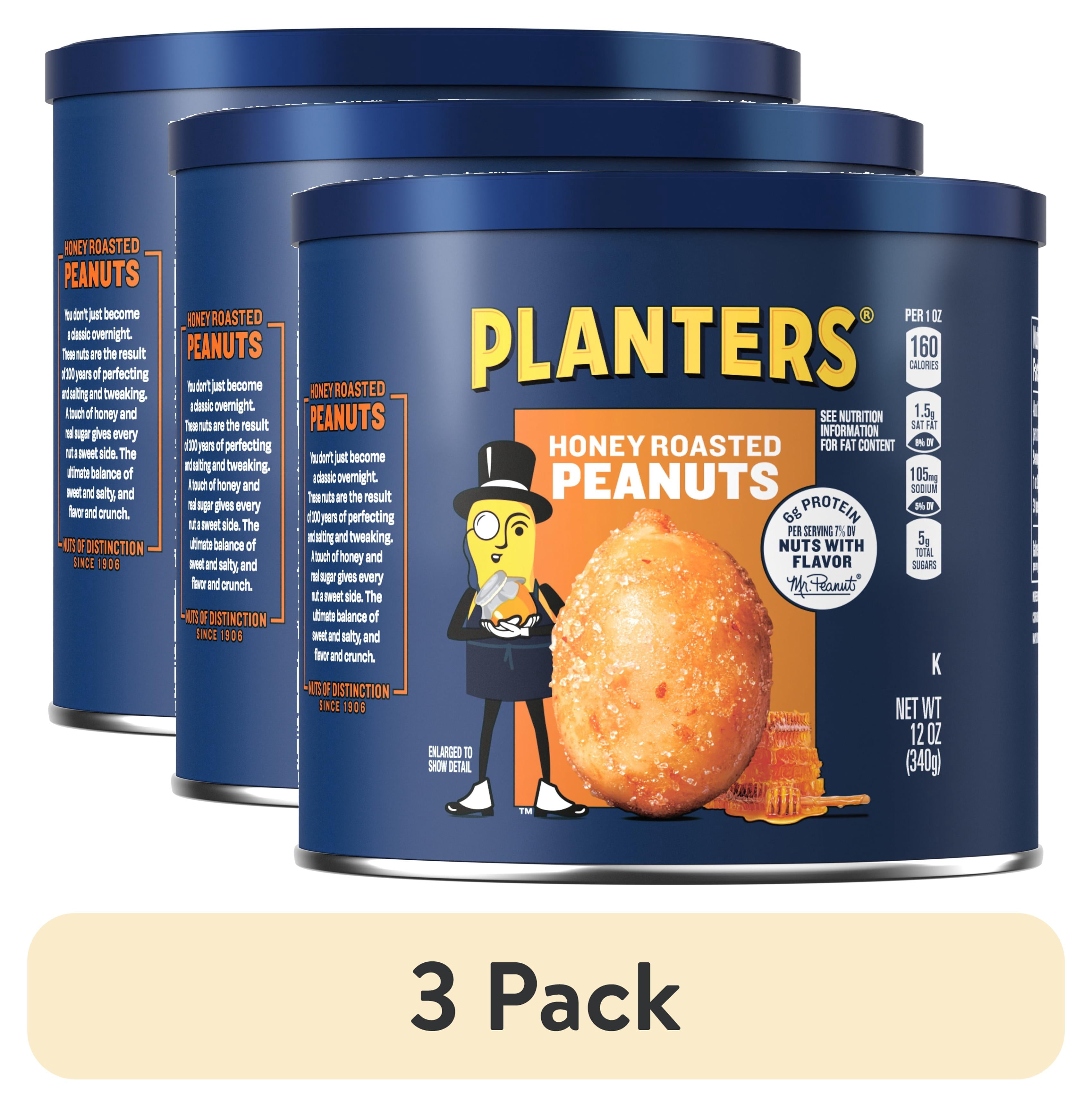 (3 pack) PLANTERS Honey Roasted Peanuts, Sweet and Salty Snacks, Plant Based Protein, 12 oz Canister