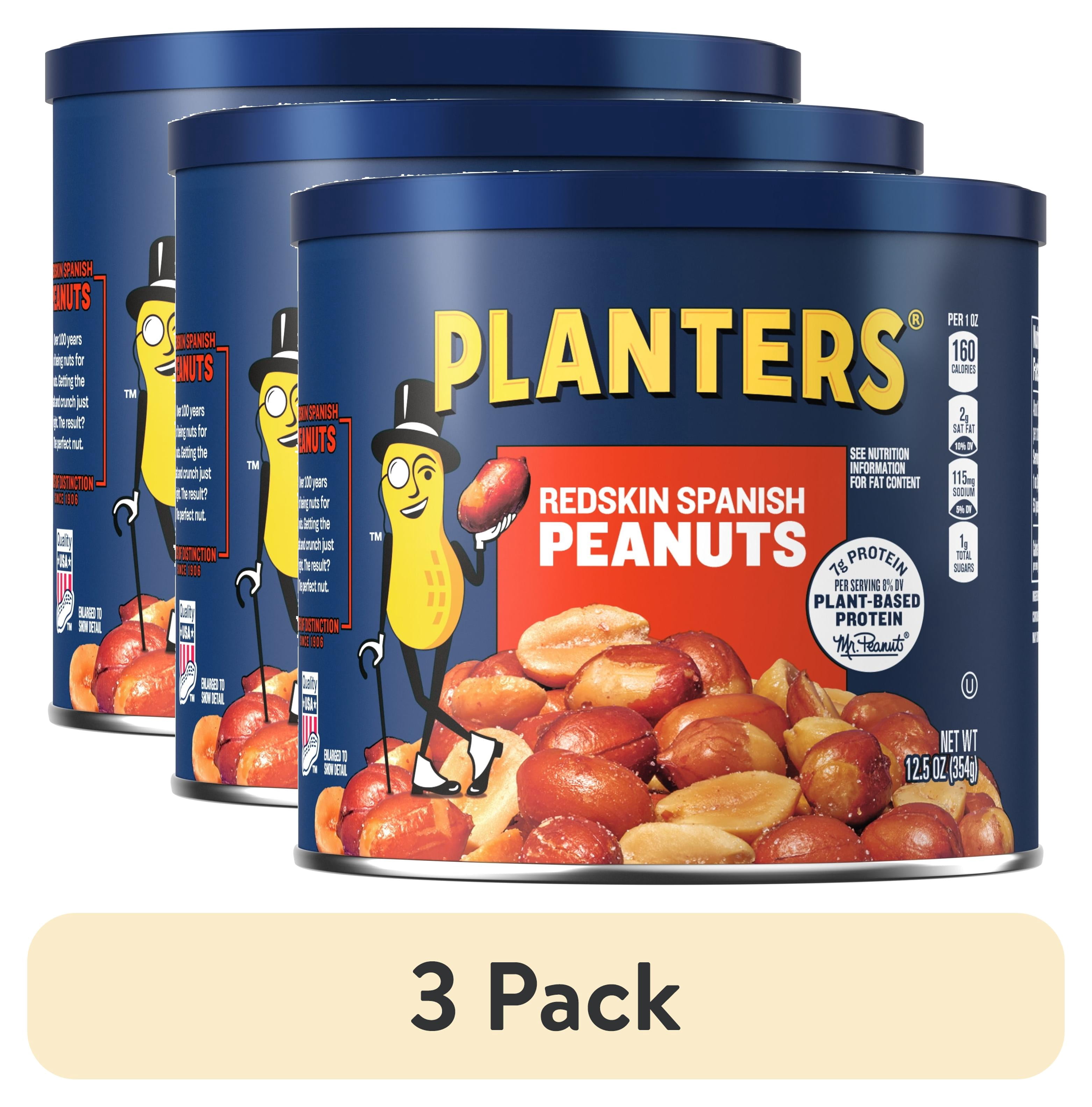 (3 pack) Planters Spanish Salted Peanuts with Redskins, 7g Protein (8% DV) per serving, Plant Based Protein Snacks for Adults, 12.5 oz Resealable Canister