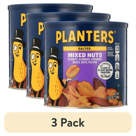 (3 pack) PLANTERS Salted Mixed Nuts, Party Snacks, Plant Based Protein, 56 oz Canister