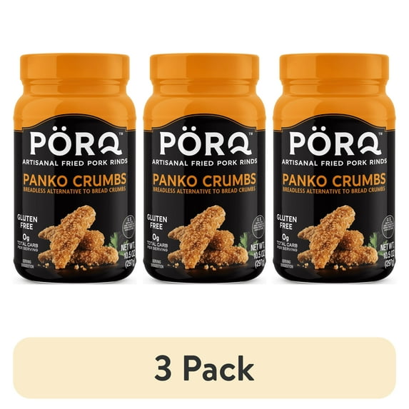 (3 pack) PORQ Pork Rind Panko Crumbs, Gluten Free, Keto Friendly, 10.5 oz Canister, 21 Servings