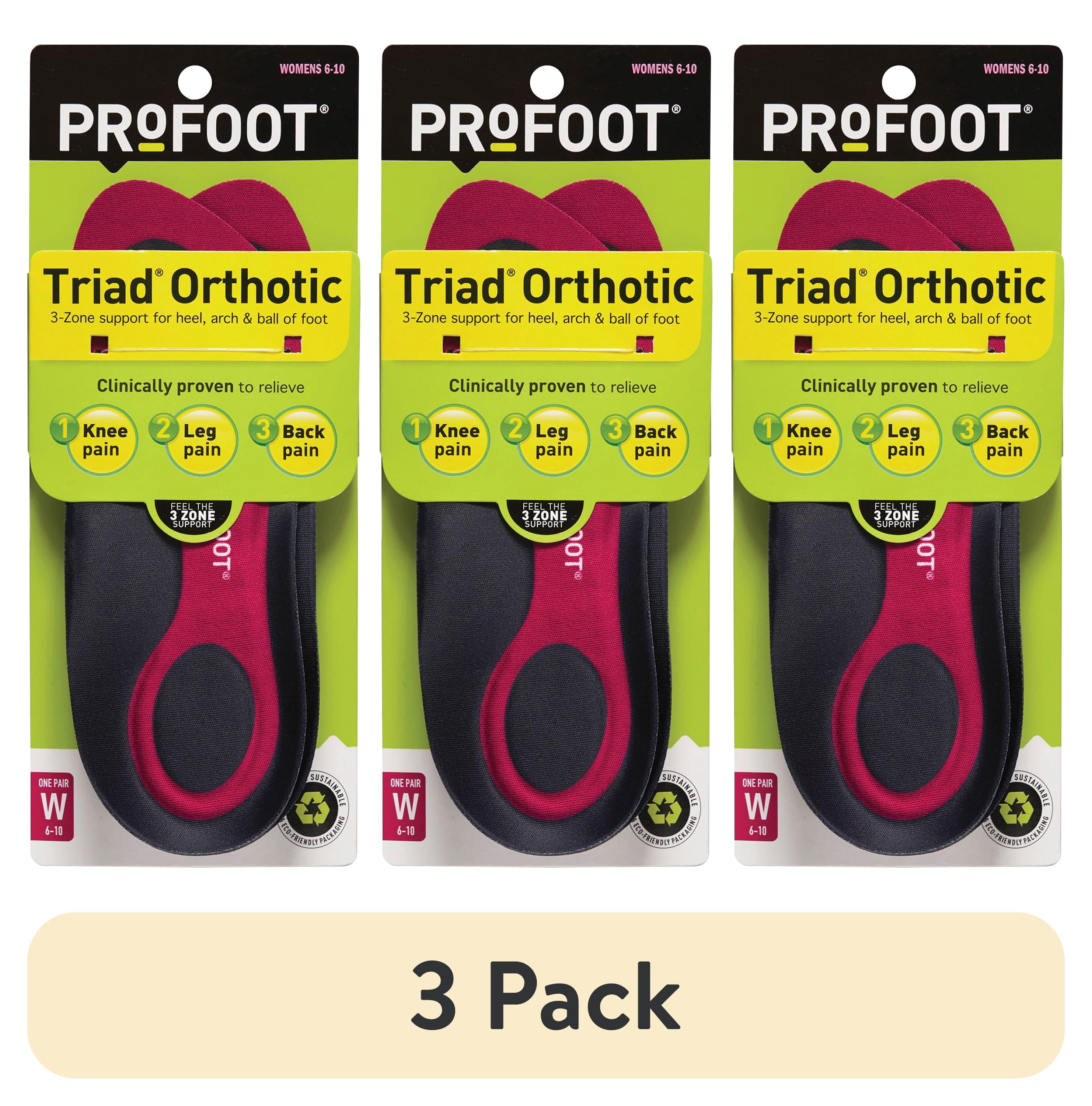 (3 pack) PROFOOT Triad Orthotic Insoles for Knee, Leg & Back Pain, Women's 6-10, 1 Pair