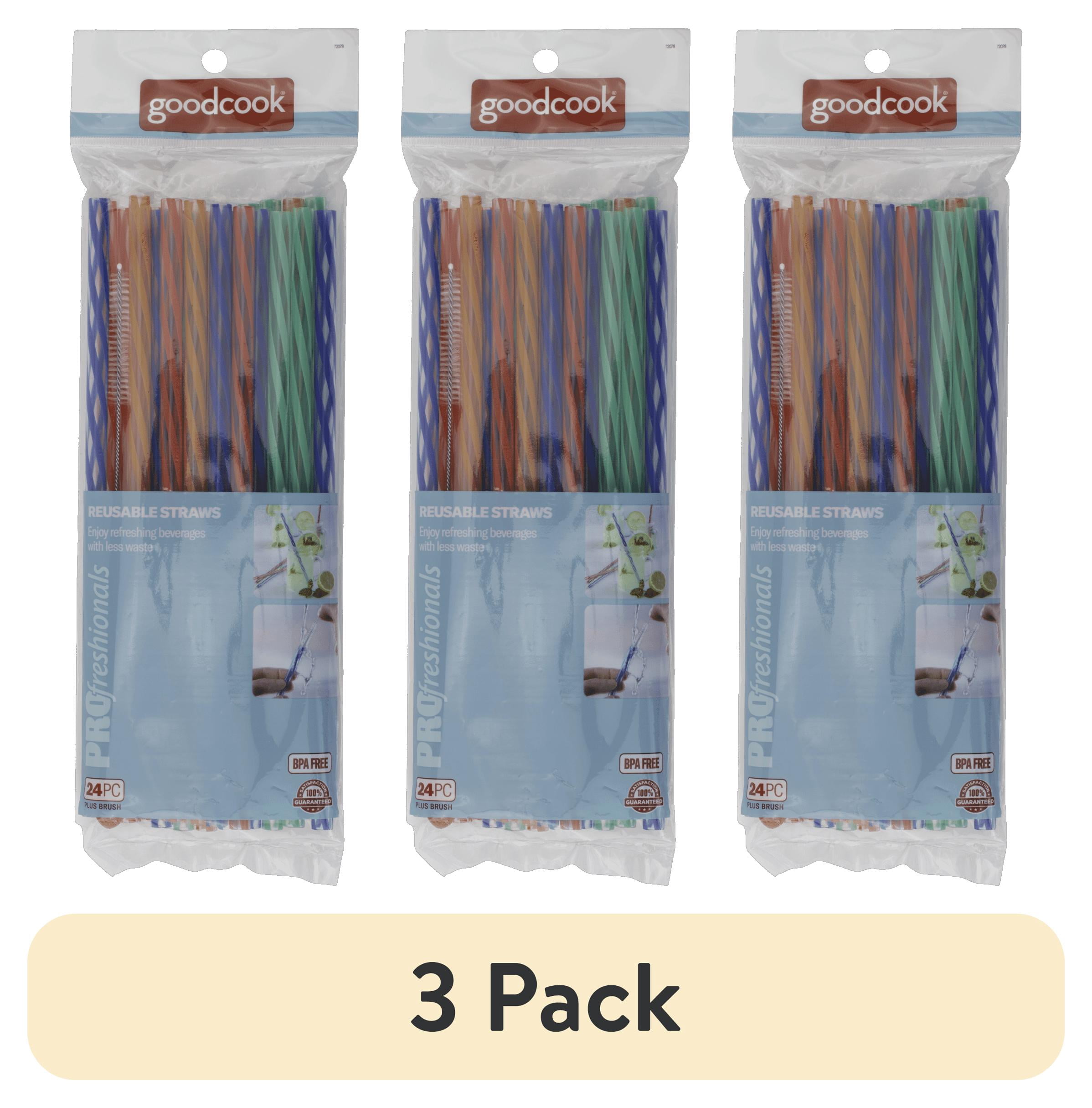 (3 pack) PROfreshionals 24-Piece 9" Reusable Plastic Straws Set with Cleaning Brush, Multicolor