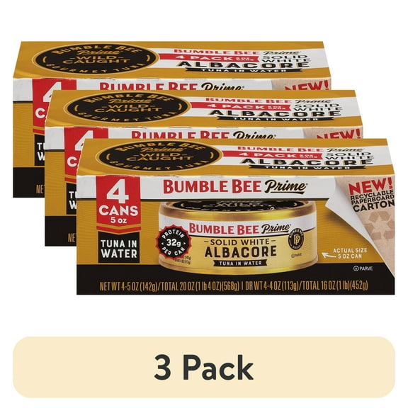 (3 pack) Bumble Bee Prime Solid White Albacore Tuna in Water, Wild Caught, Gluten Free, 32g Protein Per Serving, Shelf Stable Can, 5 oz (Pack of 4)
