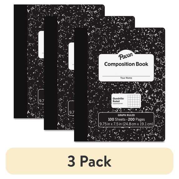 (3 pack) Pacon Composition Book 100 Sheets - 200 Pages - Quad Ruled - 0.20" Ruled - 9.8" x 7.5"0.1" - White Paper - Black Marble Cover - Durable, Hard Cover - 100 / Each
