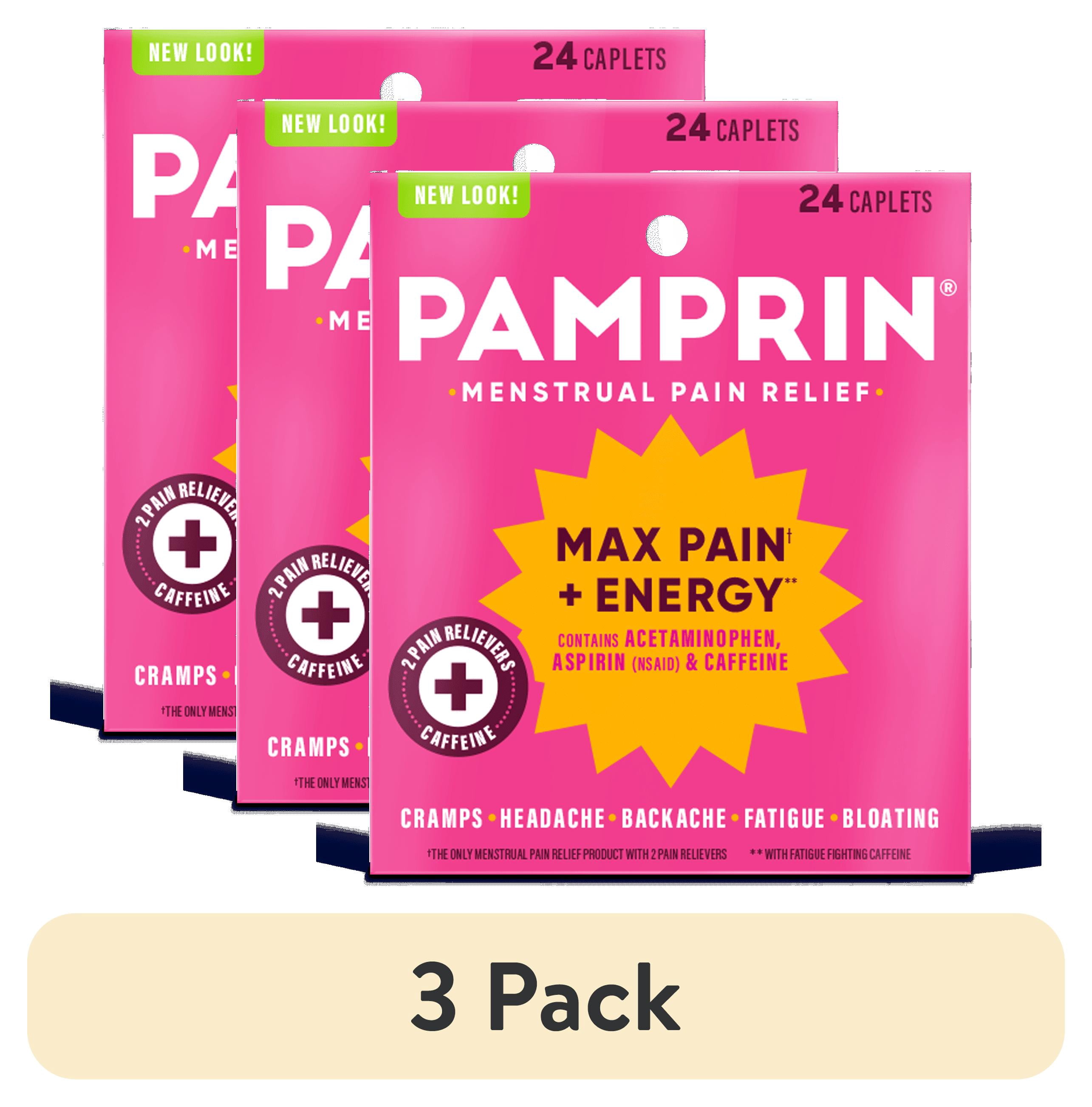 (3 pack) Pamprin Maximum Strength Pain + Energy Menstrual Pain Relief Caplets, 24 Ct