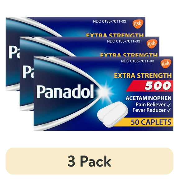 (3 pack) Panadol Extra Strength 500 mg Acetaminophen Caplets, 50 Count, Pain Relief and Fever Reducer