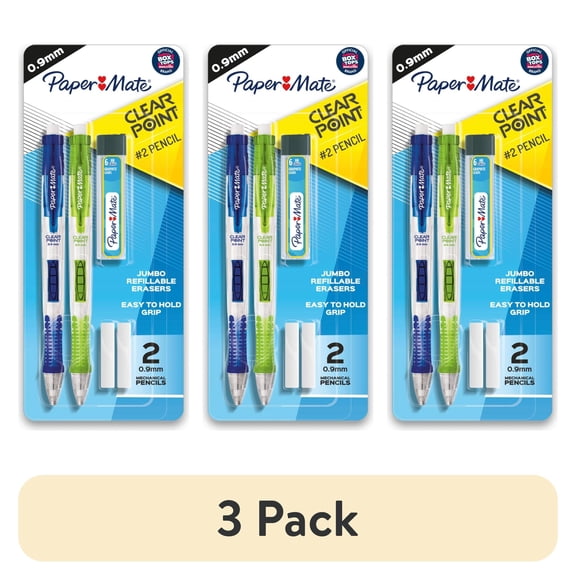 (3 pack) Paper Mate Clearpoint Mechanical Pencils, HB #2 Lead (0.9mm), Assorted Barrel Colors, 2 Pencils, 1 Lead Refill Set, 2 Erasers