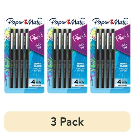 (3 pack) Paper Mate Flair Porous-Point Pens, Medium Point, 1.0 mm, Black Barrel, Black Ink, Pack Of 4