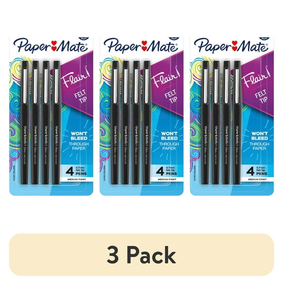 (3 pack) Paper Mate Flair Porous-Point Pens, Medium Point, 1.0 mm, Black Barrel, Black Ink, Pack Of 4