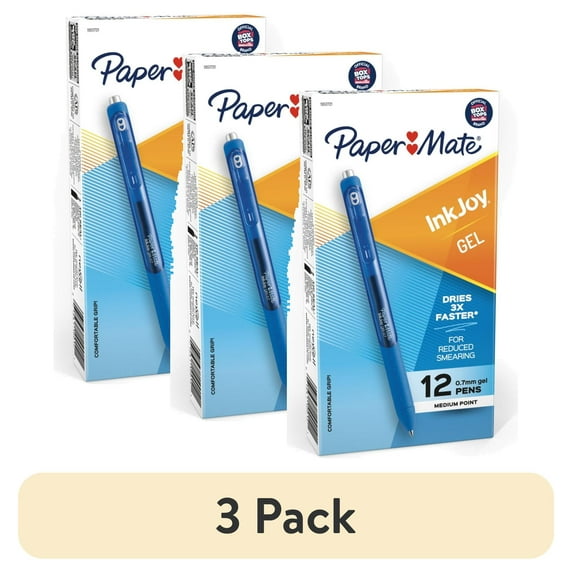 (3 pack) Paper Mate InkJoy Gel Retractable Pen, 0.7mm, Blue Ink, 12 Count