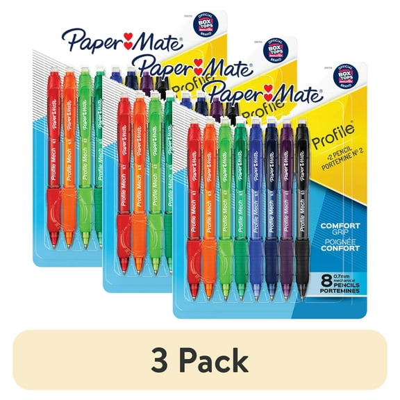 (3 pack) Paper Mate Profile Mech Mechanical Pencil Set, 0.7mm #2 Pencil Lead, Great for Home, School, Office Use, Assorted Barrel Colors, 8 Count
