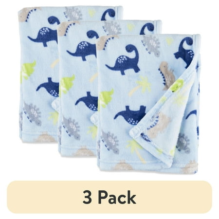 (3 pack) Parent’s Choice Plush Baby Blanket, Blue Dinosaur, 30 in x 36 in