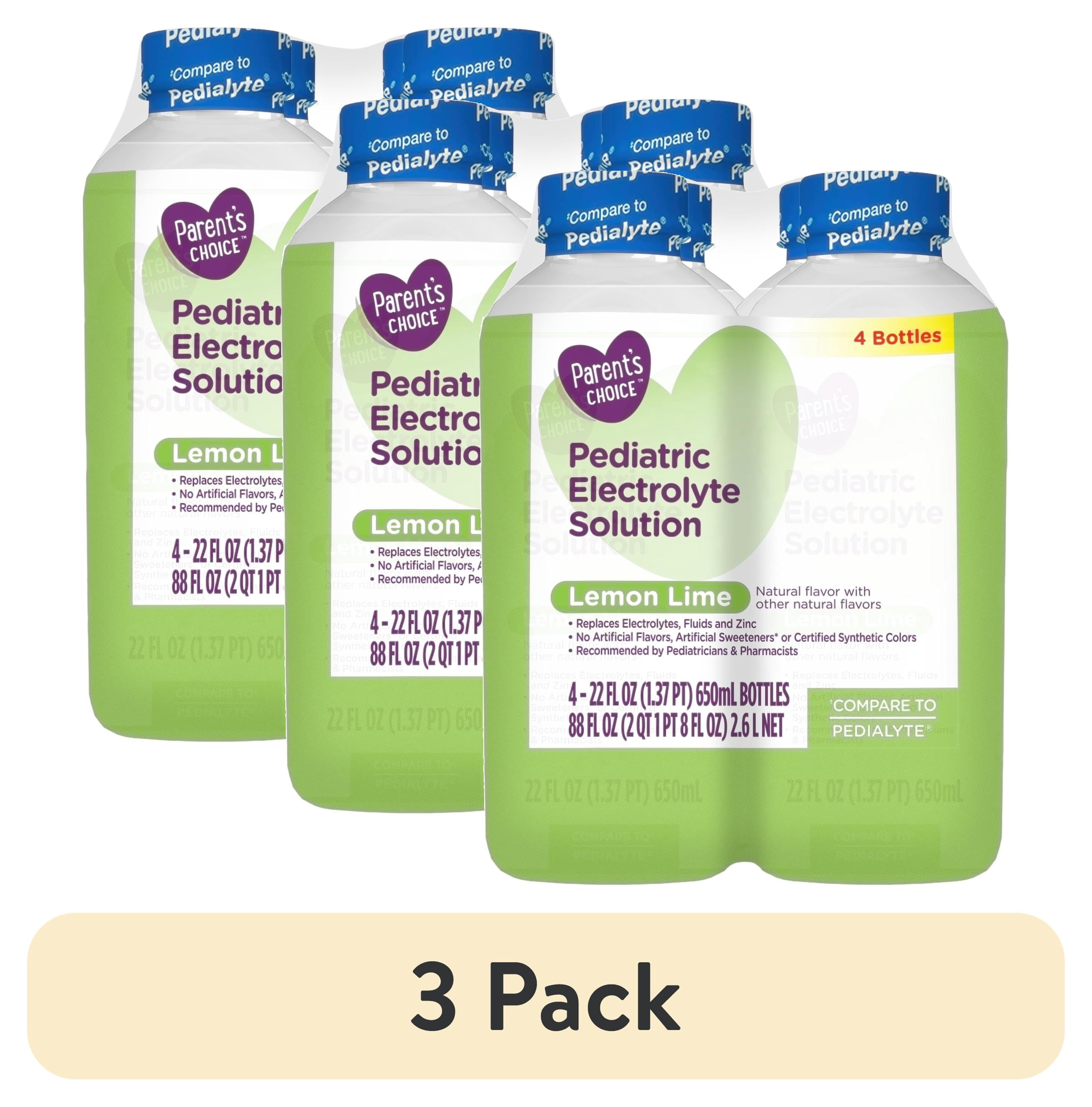 (3 pack) Parent's Choice Electrolyte Solution, Lemon Lime, Dye-Free, for Kids and Adults, 22 fl oz, 4 Count