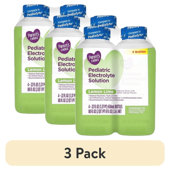 (3 pack) Parent's Choice Electrolyte Solution, Lemon Lime, Dye-Free, for Kids and Adults, 22 fl oz, 4 Count