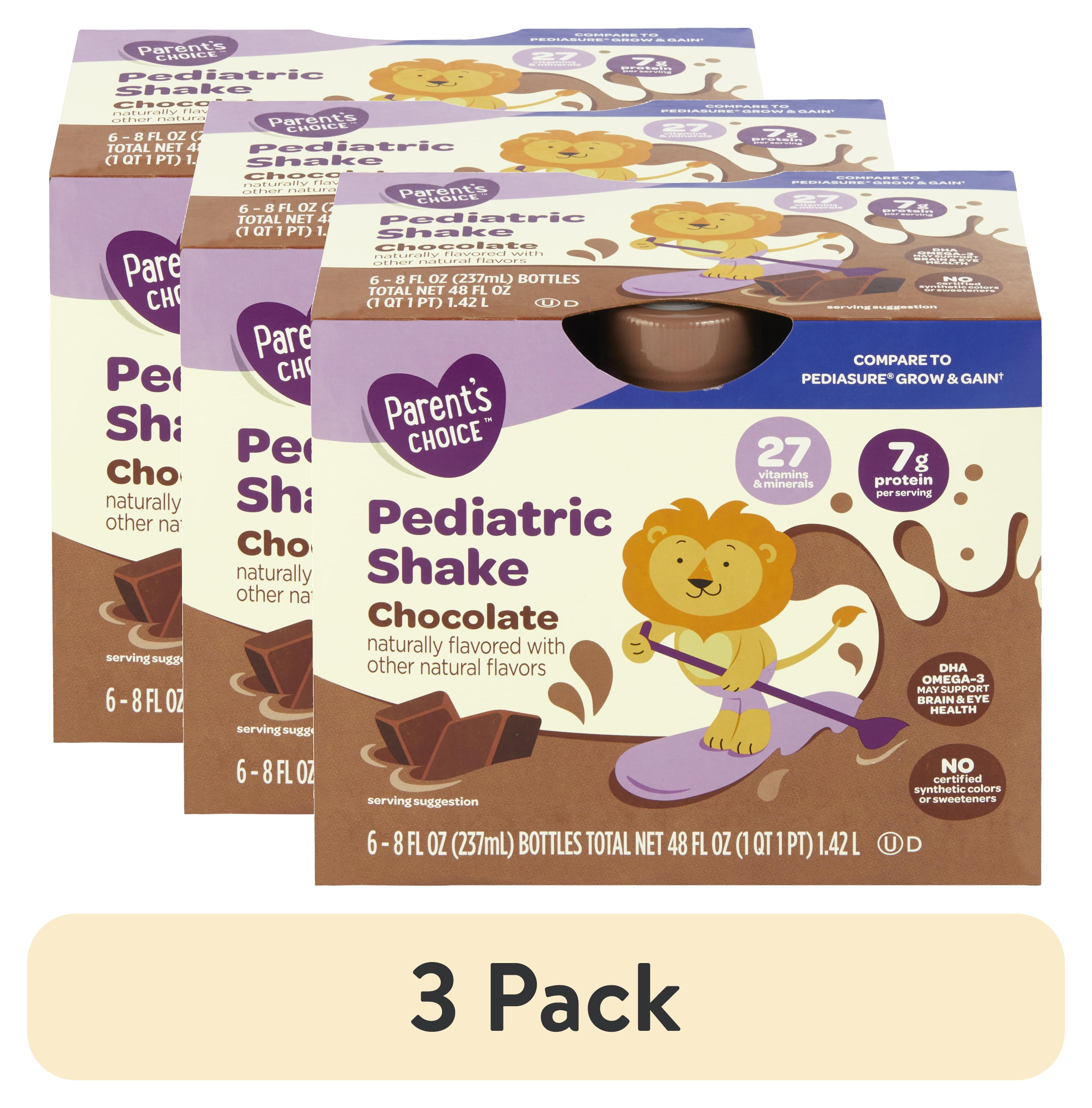 (3 pack) Parent's Choice Pediatric Shake, Chocolate, 8 fl oz Bottle, 6 Shakes