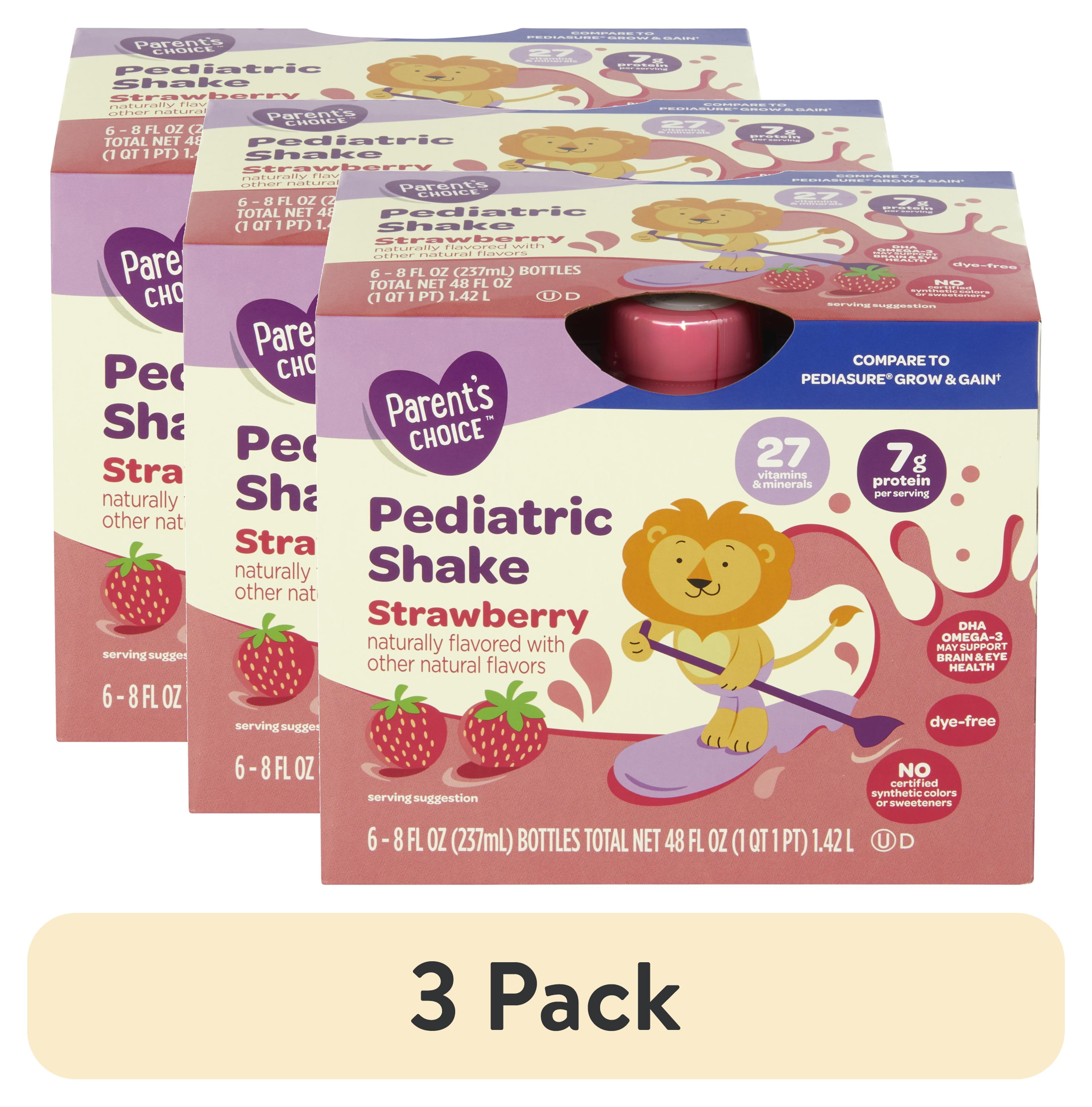 (3 pack) Parent's Choice Pediatric Nutritional Shake, Strawberry, 8 fl oz Bottles, 6 Count