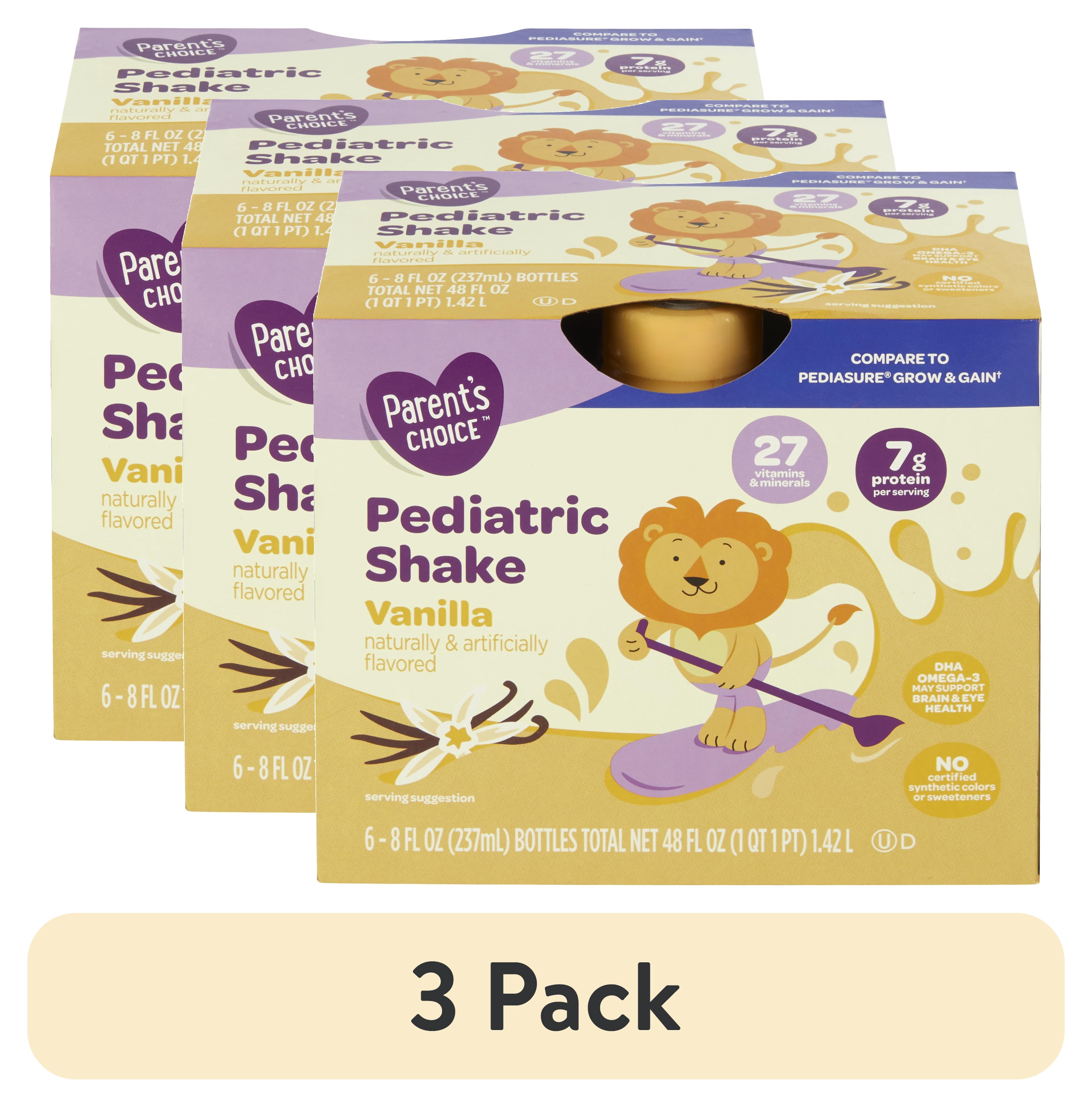(3 pack) Parent's Choice Pediatric Shake, Vanilla, 8 fl oz Bottle, 6 Shakes
