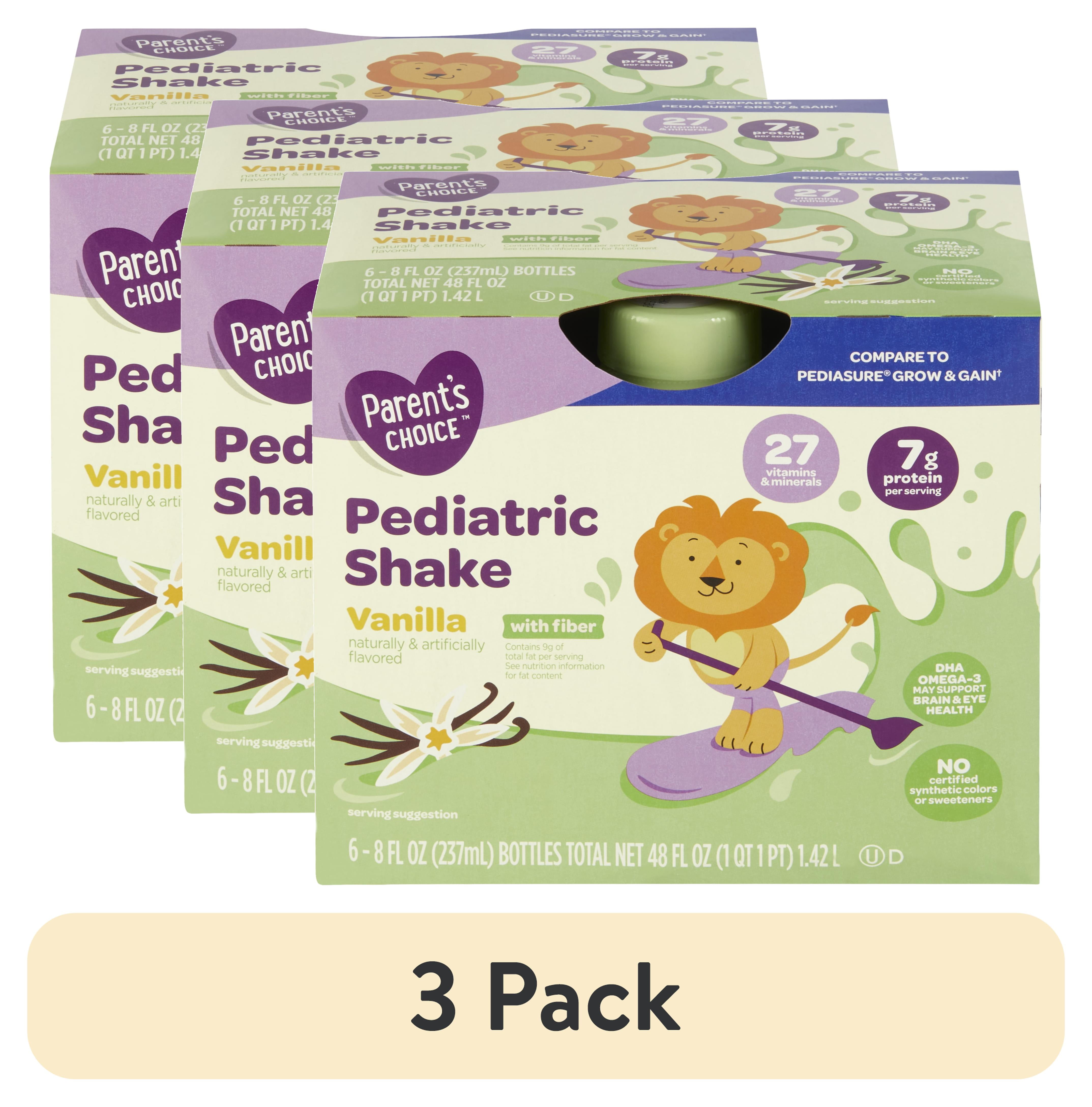 (3 pack) Parent's Choice Pediatric Shake, Vanilla with Fiber, 8 fl oz Bottle, 6 Shakes