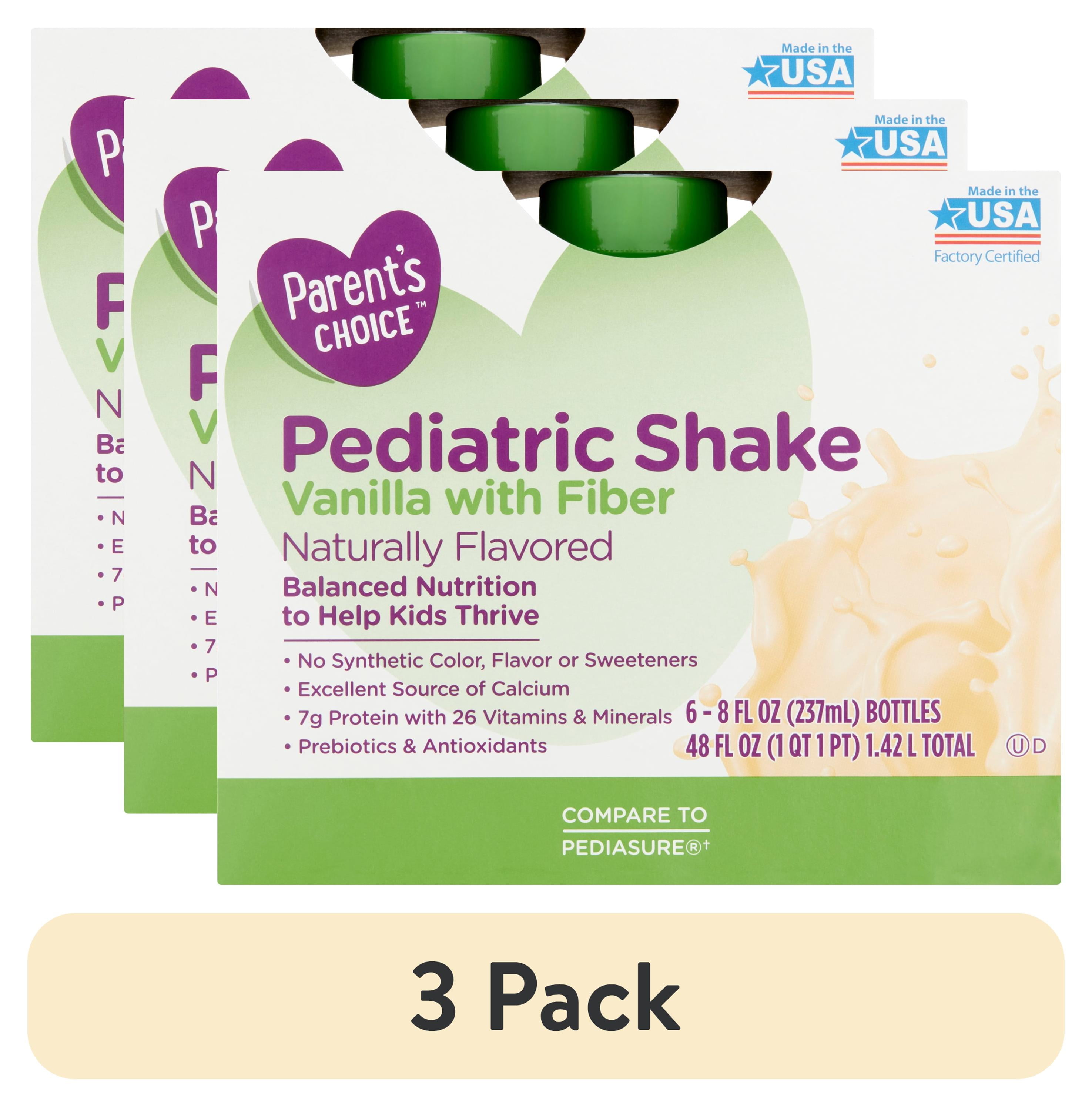 (3 pack) Parent's Choice Pediatric Shake, Vanilla with Fiber, 8 oz Bottle, 6 Shakes