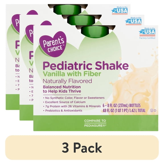 (3 pack) Parent's Choice Pediatric Shake, Vanilla with Fiber, 8 oz Bottle, 6 Shakes