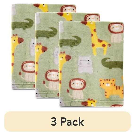 (3 pack) Parent's Choice Printed Jungle Green Super Soft Plush Baby Blanket, 30" x 36", Unisex Infant