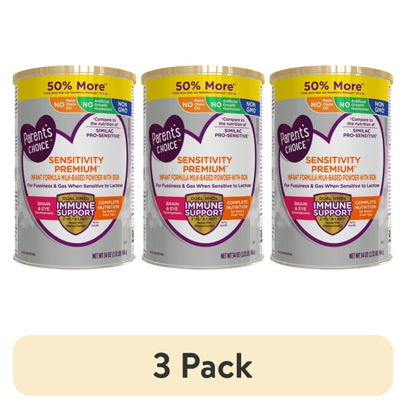 (3 pack) Parent's Choice Sensitivity Premium Baby Formula with Iron, Dual HMOs, 34 oz Canister