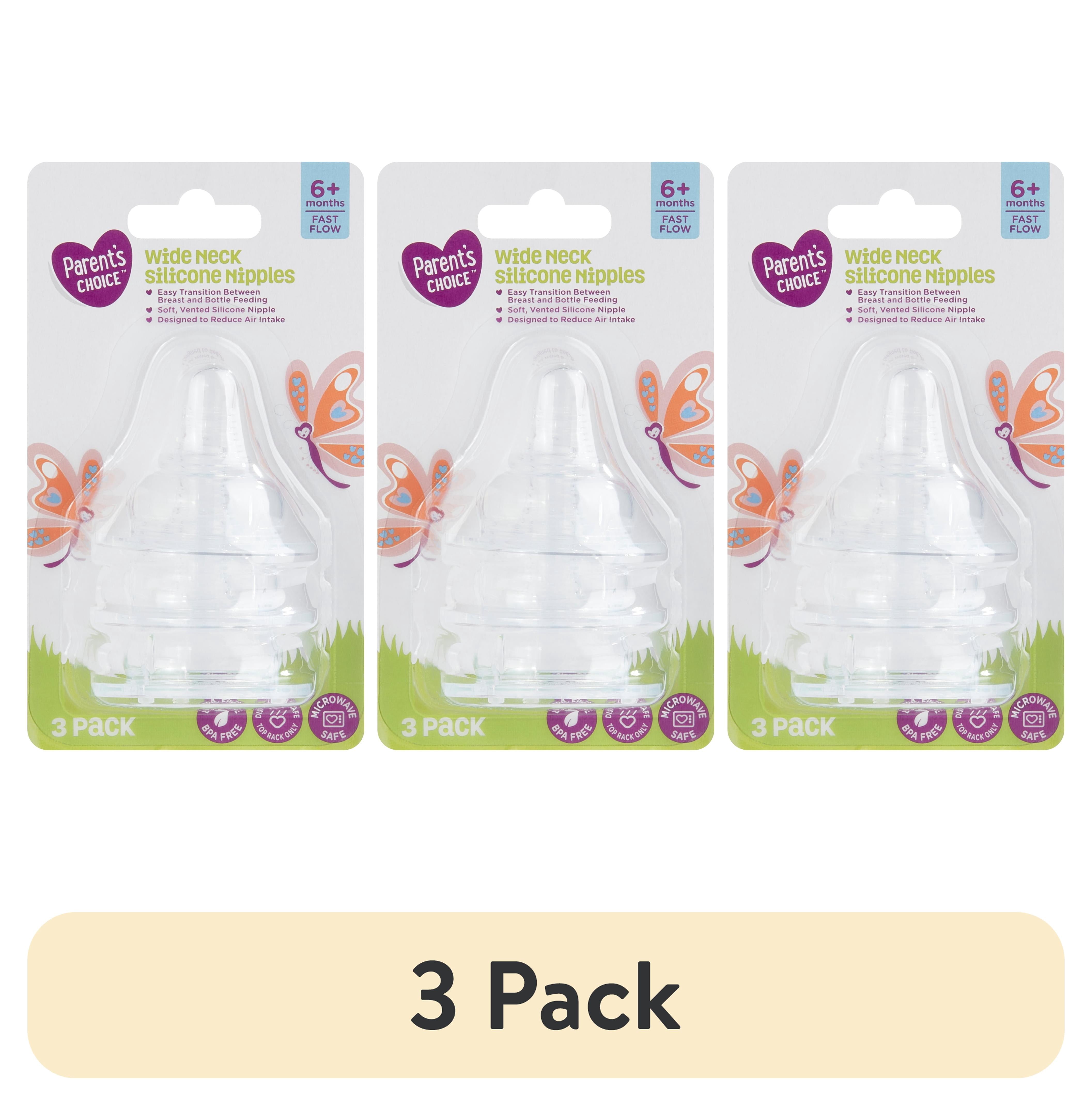 (3 pack) Parent's Choice Wide Neck Silicone Nipples, 6+ Months, 3 Pack