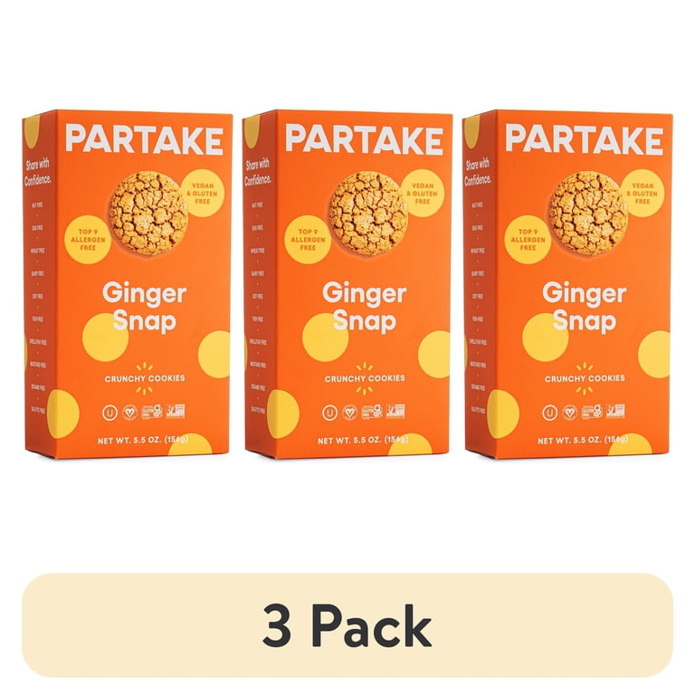 3 pack) Partake Crunchy Ginger Snap Cookies, Vegan & Gluten-Free