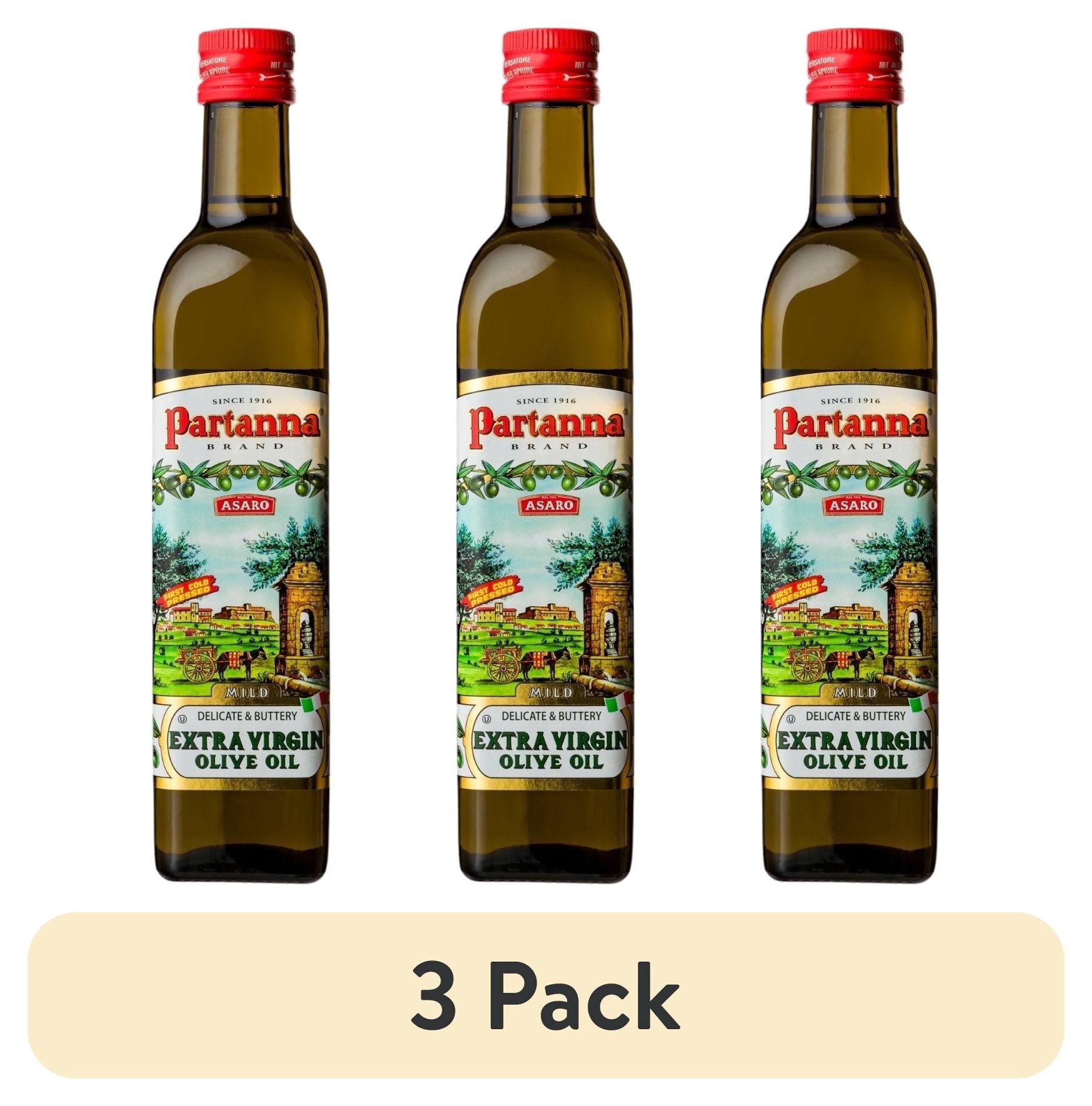 (3 pack) Partanna Everyday Mild Extra Virgin Olive Oil - Castelvetrano & Bianolilla Oil - High Polyphenol - First Cold Pressed - Early Harvest in Sicily - Award Winning Italian EVOO - 16.9oz (500 ML) Glass
