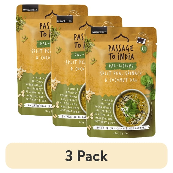 (3 pack) Passage to India Heat-and-Eat Split Pea, Spinach, and Coconut Dal - 9.8 oz, Mild Vegan Delight by Passage Foods