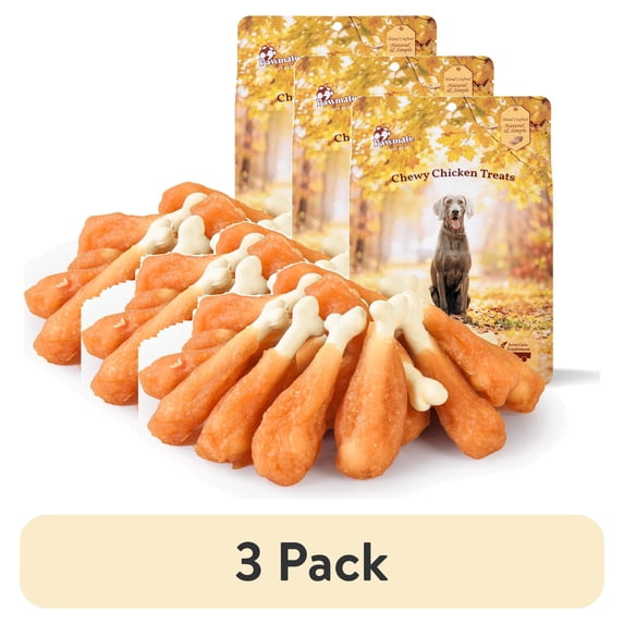(3 pack) Pawmate Chicken & Calcium Bone, Rawhide Free Teeth Cleanning Treats for All Dogs, 18-19 pcs