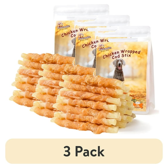 (3 pack) Pawmate Chicken Jerky & Cod Sticks Dog Treats, Omega3 Natural Soft Snacks for All Dogs, 15-17ct Bag, 11 oz