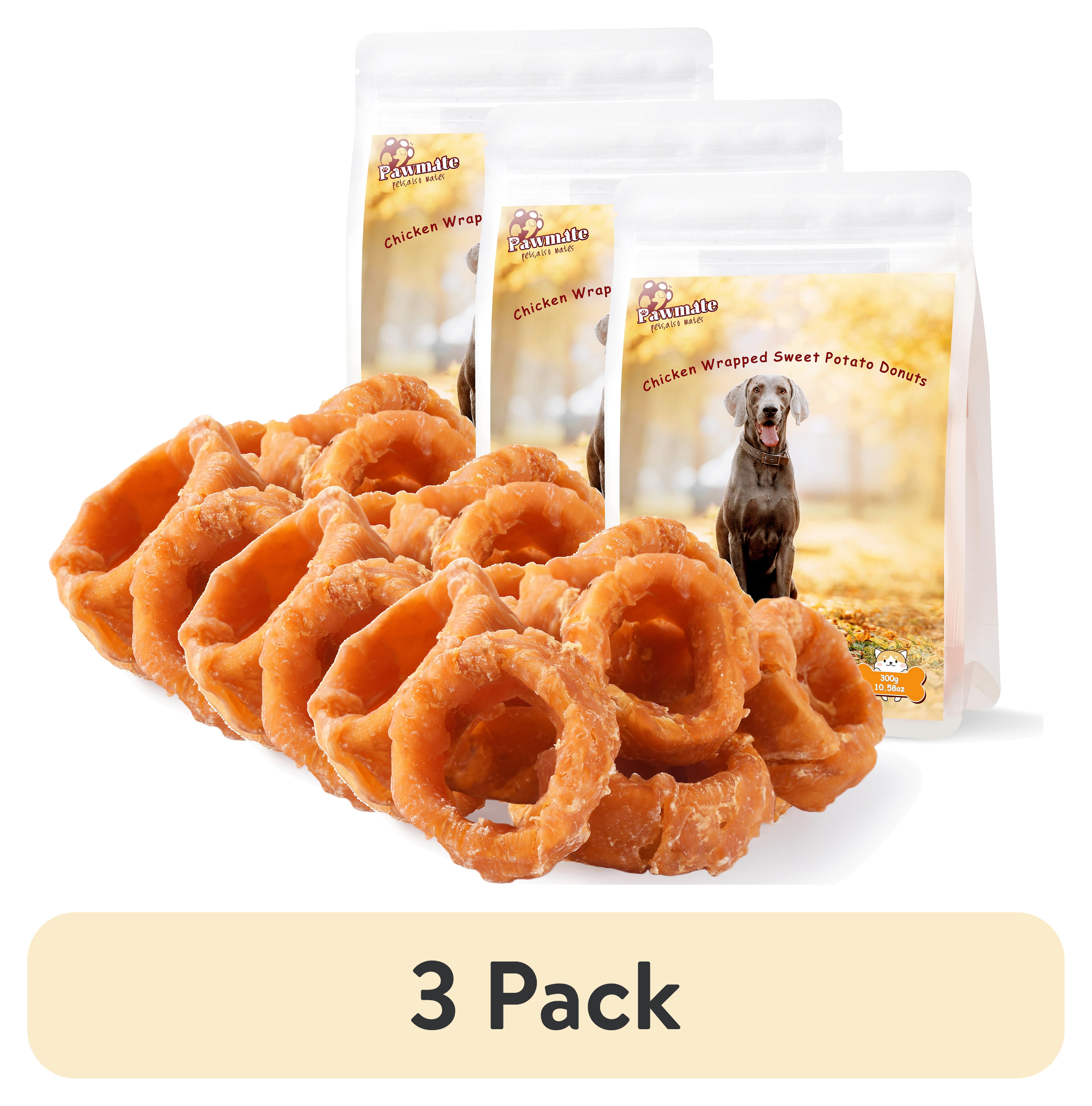 (3 pack) Pawmate Chicken Wrapped Sweet Potato Donut Dog Treats, Natural Healthy & Chewy Snack for All Dogs, 11oz