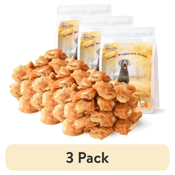 (3 pack) Pawmate Promote Digestion Natural Dog Treats, Chicken Jerky Wrapped Bananas for All Dogs, 18-19ct Bag, 11 oz