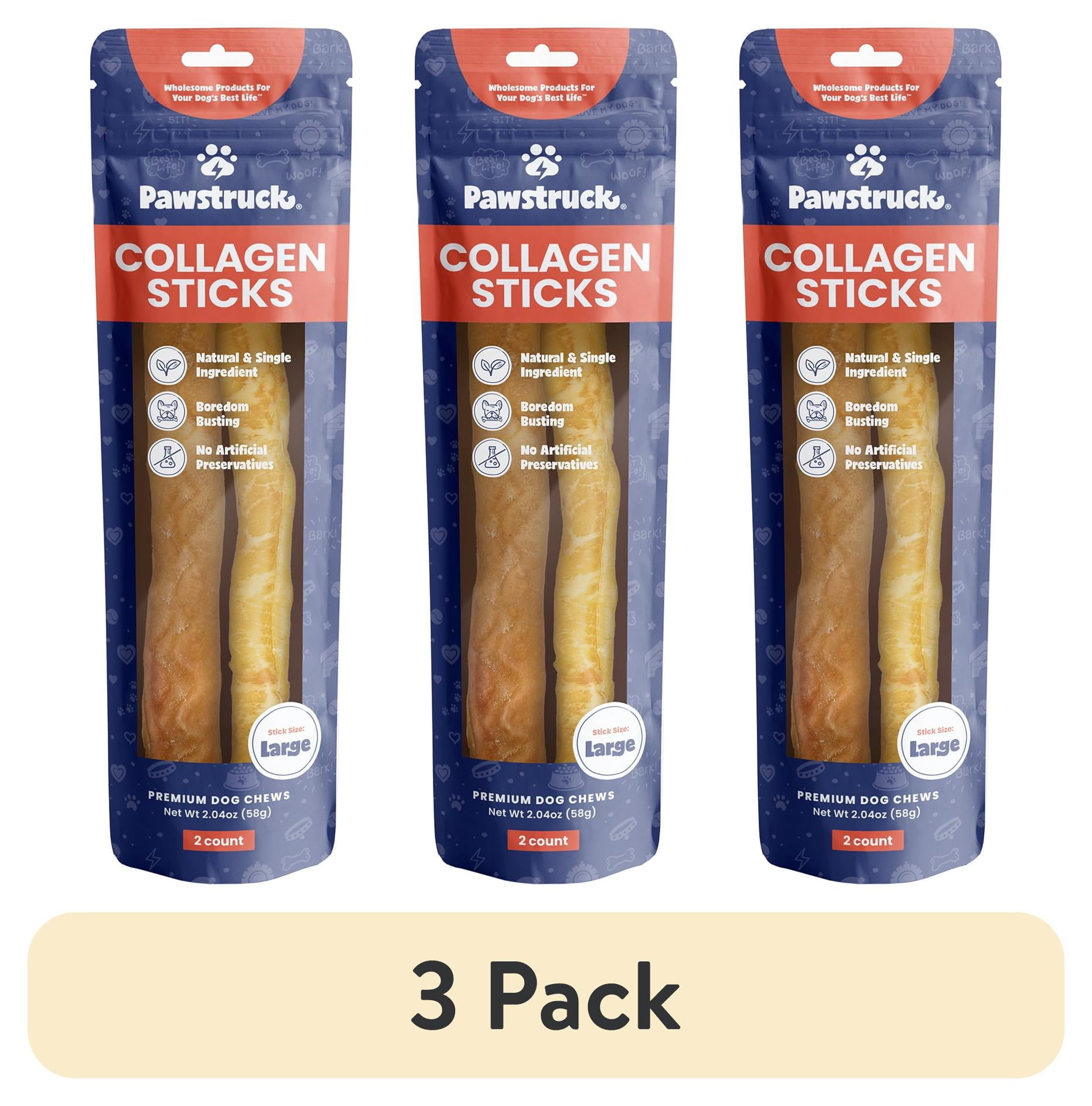 (3 pack) Pawstruck Natural Large Beef Collagen Sticks, Single Ingredient Chews for Dogs, 2pk