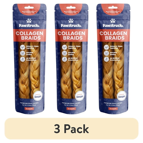 (3 pack) Pawstruck Natural Large Braided Beef Collagen Sticks, Single Ingredient Chew for Dogs, 2pk