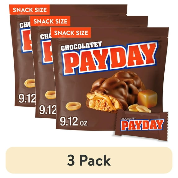 (3 pack) Payday Chocolatey Peanut Caramel Snack Size Candy, Bag 9.12 oz
