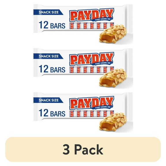 (3 pack) Payday Peanut Caramel Snack Size Candy, Bars 0.7 oz, 12 Count