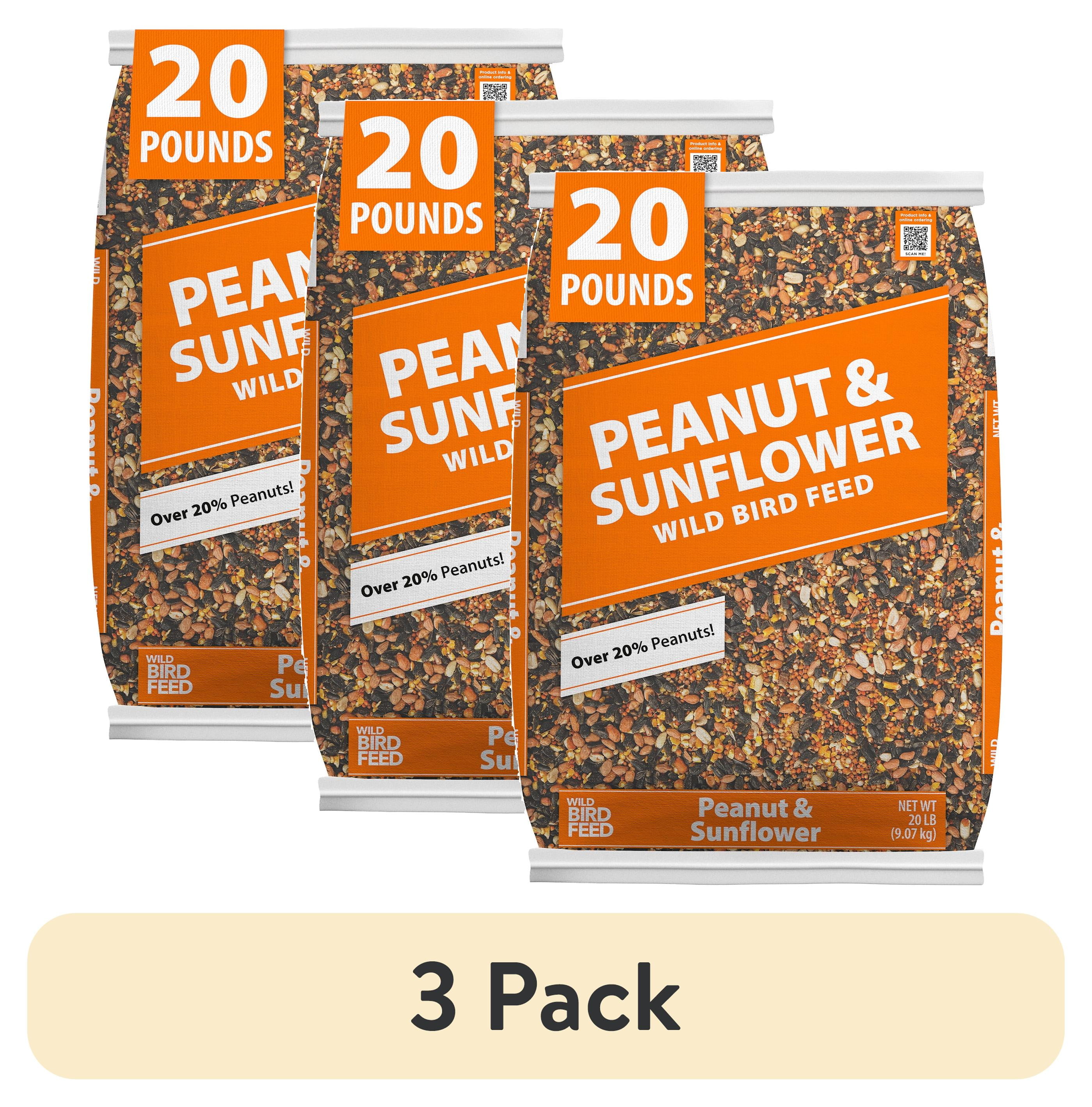 (3 pack) Peanut & Sunflower Wild Bird Feed and Seed, Dry, 1 Count per Pack, 20 lb. Bag