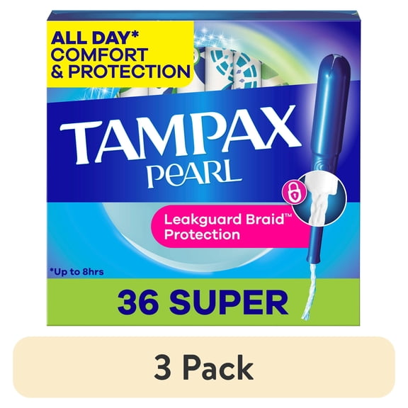 (3 pack) Pearl Tampons, with LeakGuard Braid, Super Absorbency, Unscented, 36 Count