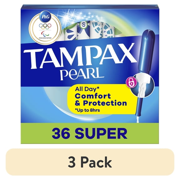 (3 pack) Pearl Tampons, with LeakGuard Braid, Super Absorbency, Unscented, 36 Count