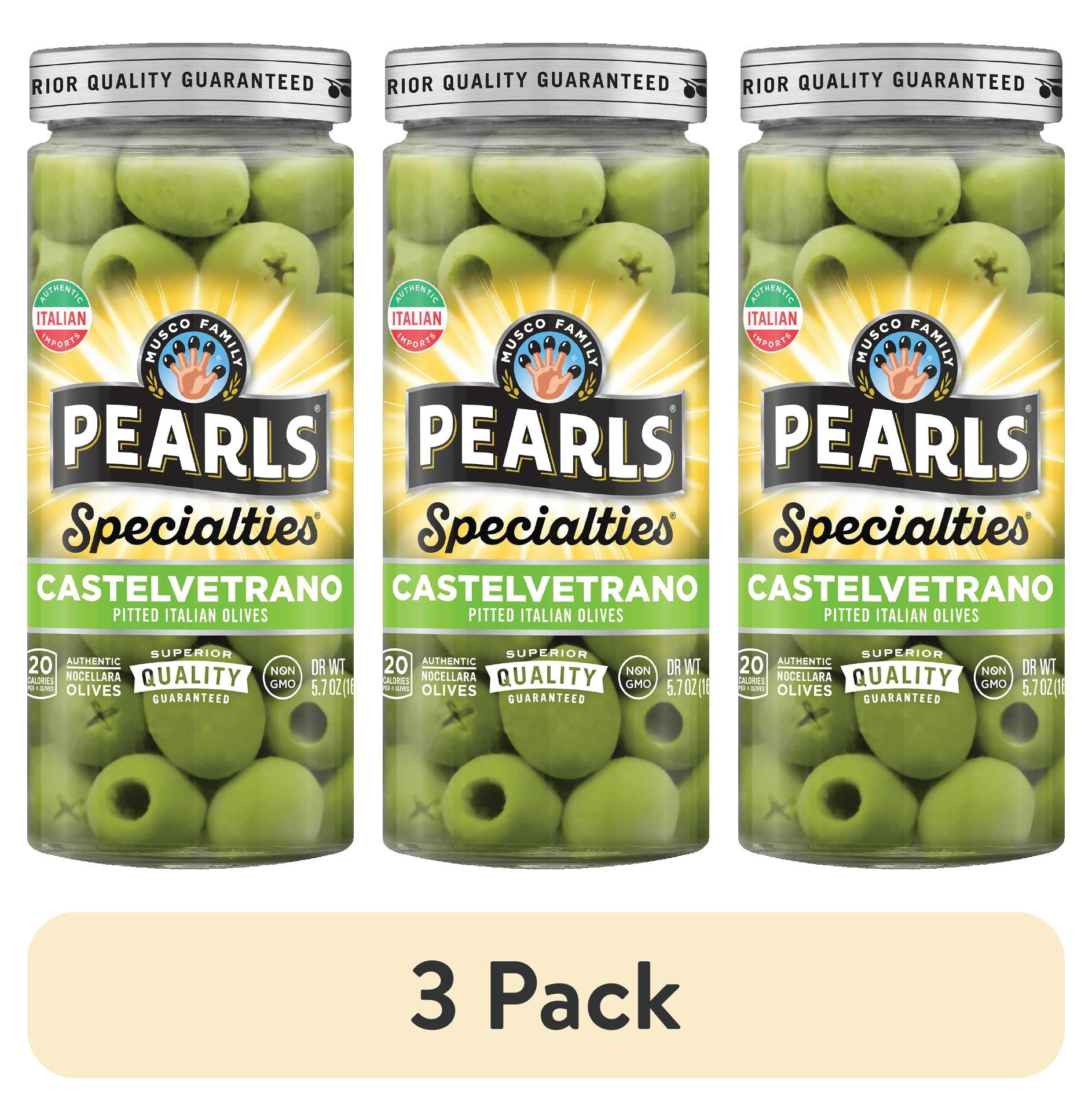 (3 pack) Pearls - Castelvetrano Pitted Italian Olives 5.7 oz Jar. Major Allergens Not Contained.