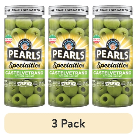 (3 pack) Pearls - Castelvetrano Pitted Italian Olives 5.7 oz Jar. Major Allergens Not Contained.