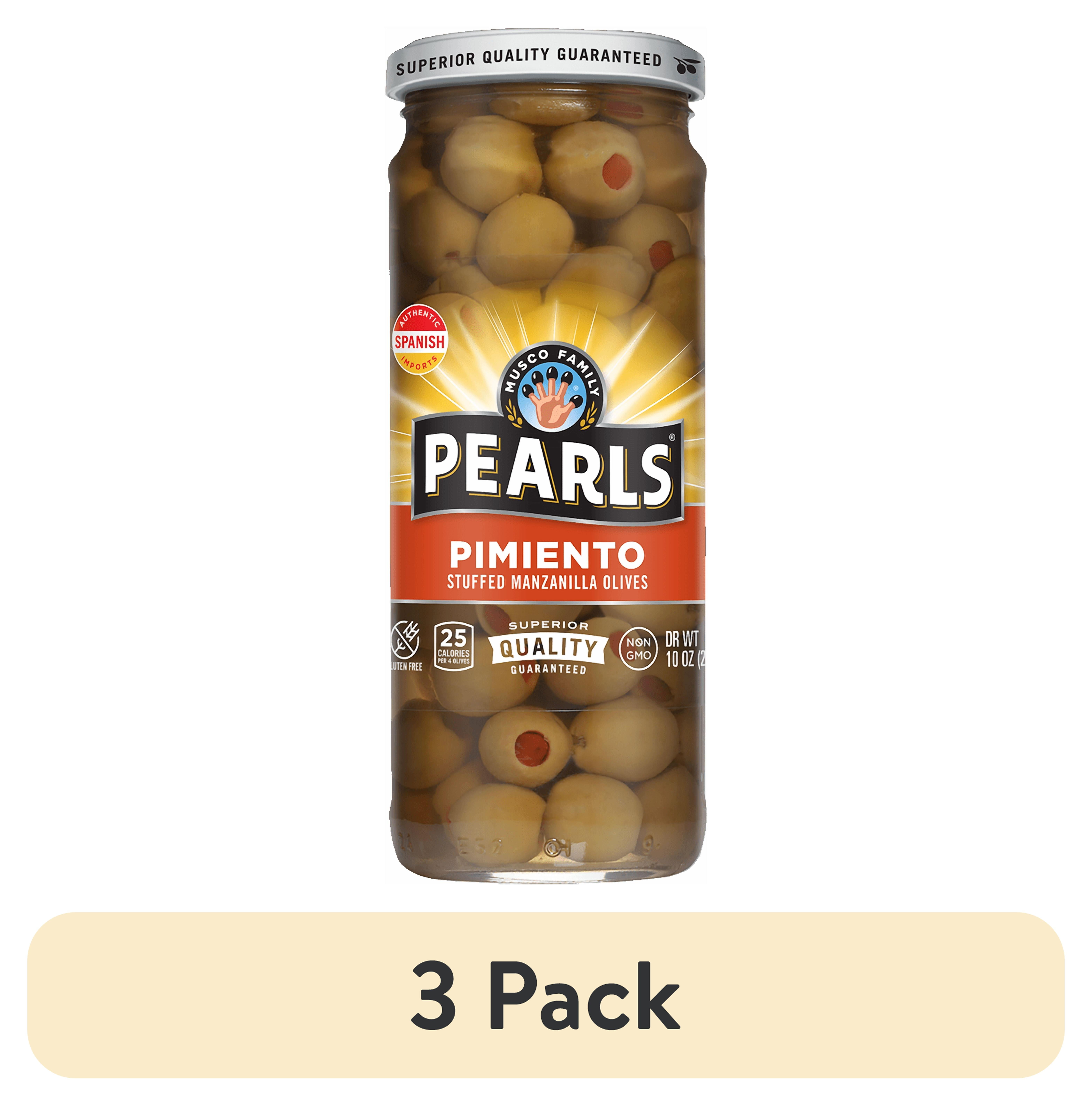 (3 pack) Pearls Pimiento Stuffed Manzanilla Olives, 10 oz. Jar. Major Allergens Not Contained.