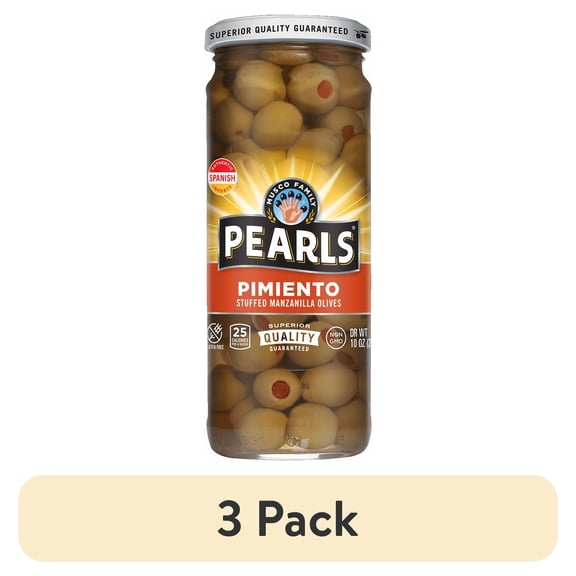 (3 pack) Pearls Pimiento Stuffed Manzanilla Olives, 10 oz. Jar. Major Allergens Not Contained.