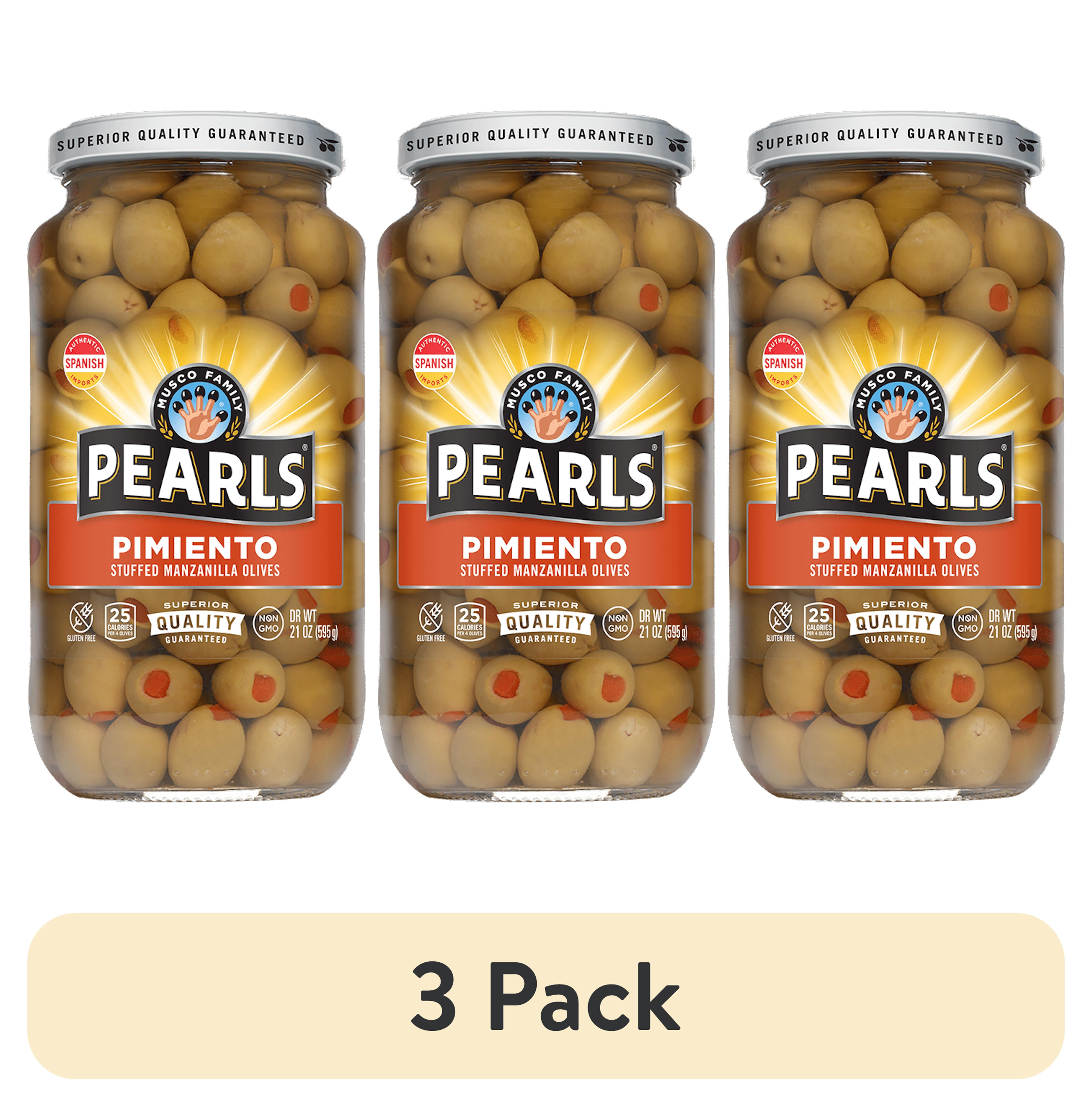 (3 pack) Pearls Pimiento Stuffed Manzanilla Olives, 21 oz. Jar. Major Allergens Not Contained.