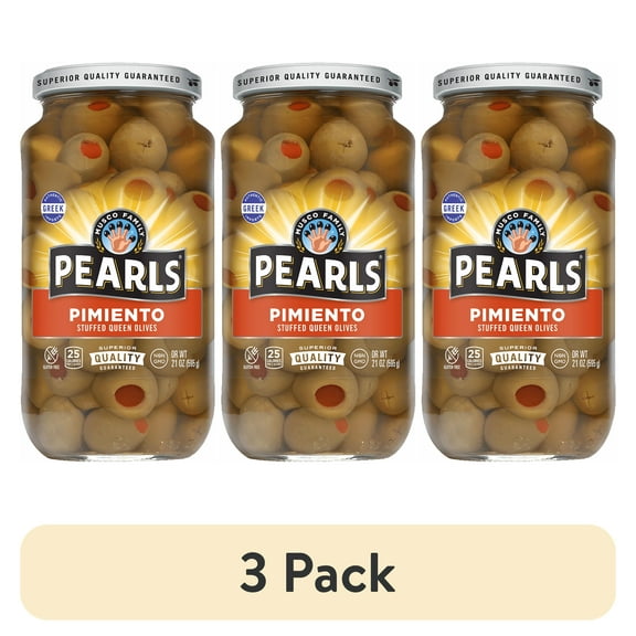 (3 pack) Pearls Pimiento Stuffed Manzanilla Olives, 21 oz. Jar. Major Allergens Not Contained.