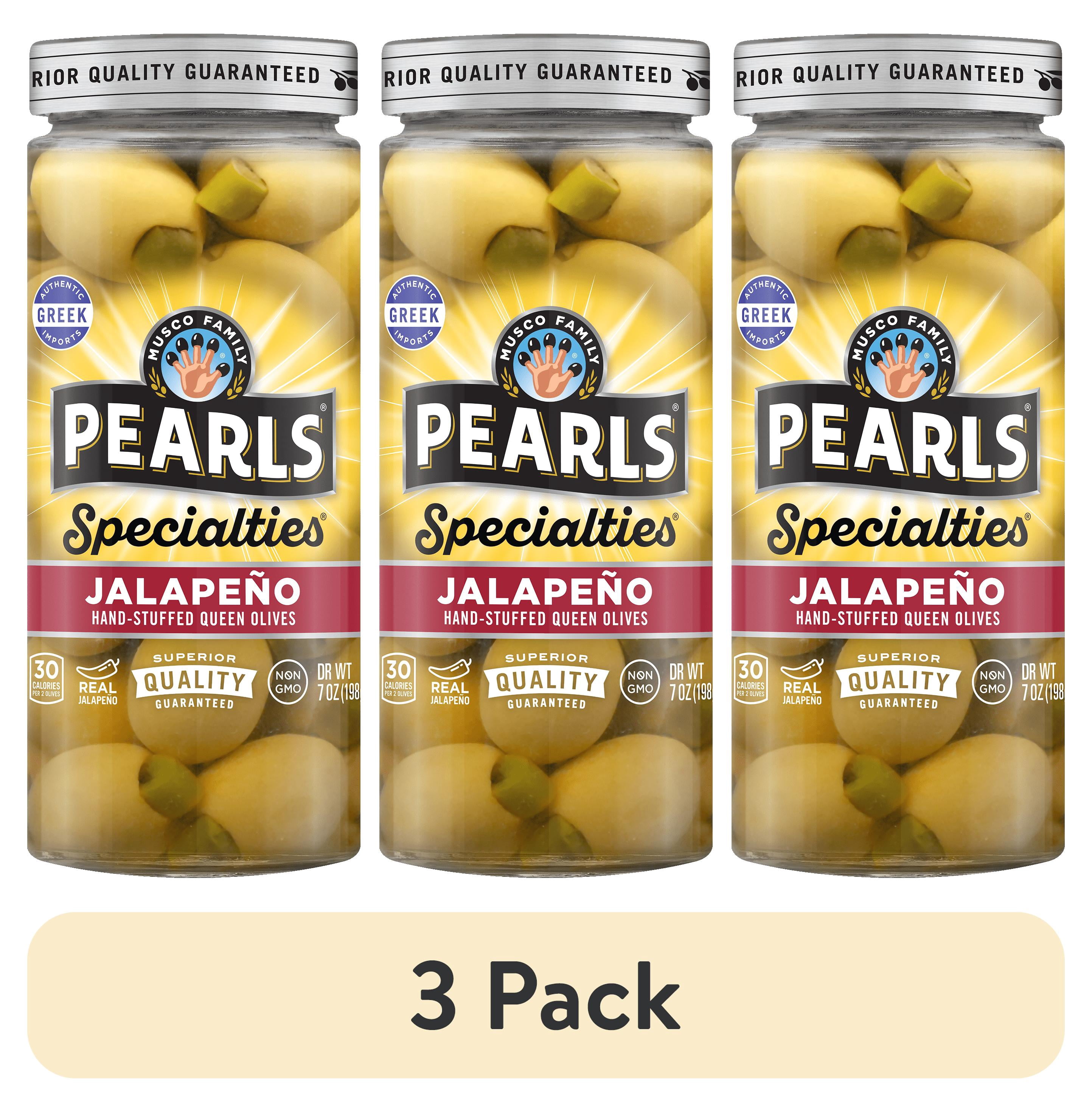 (3 pack) Pearls Specialties Jalapeño Stuffed Queen Olives 7 oz. Jar. Major Allergens Not Contained.