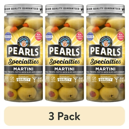 (3 pack) Pearls Specialties Martini Vermouth Olives 6.7 oz. Jar. Major Allergens Not Contained.