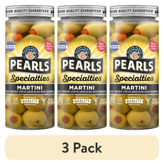 (3 pack) Pearls Specialties Martini Vermouth Olives 6.7 oz. Jar. Major Allergens Not Contained.